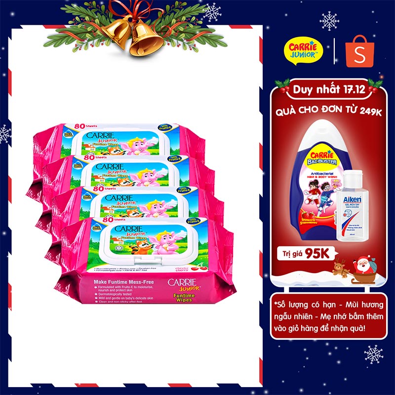 Combo 4 Gói Khăn Giấy Ướt Carrie Junior Funtime Cheeky Cherry 80 tờ/ gói