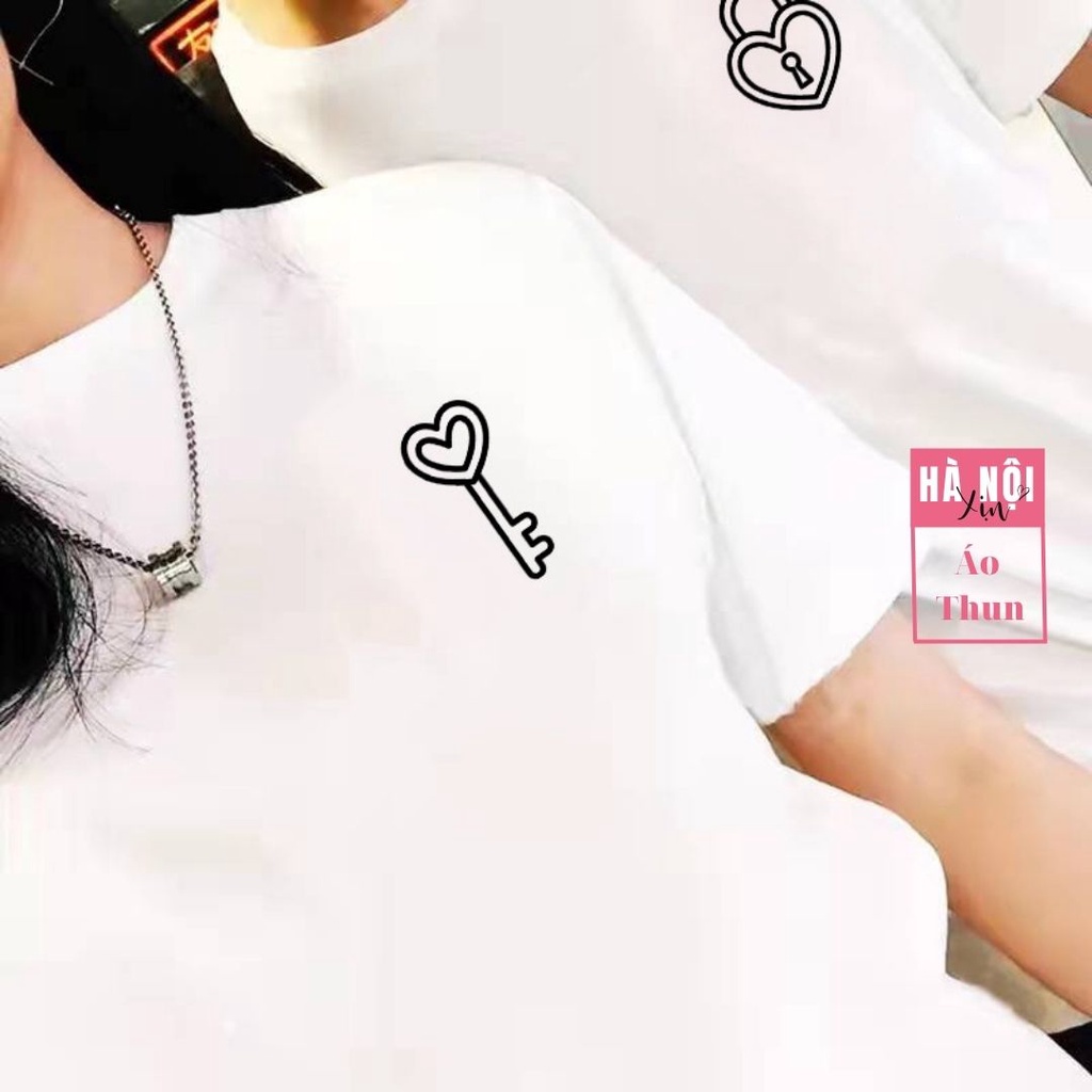 Áo thun đôi nam nữ vải cotton, Áo phông đôi nam nữ vải cotton in họa tiết chìa khóa-ổ khóa phong cách Unisex