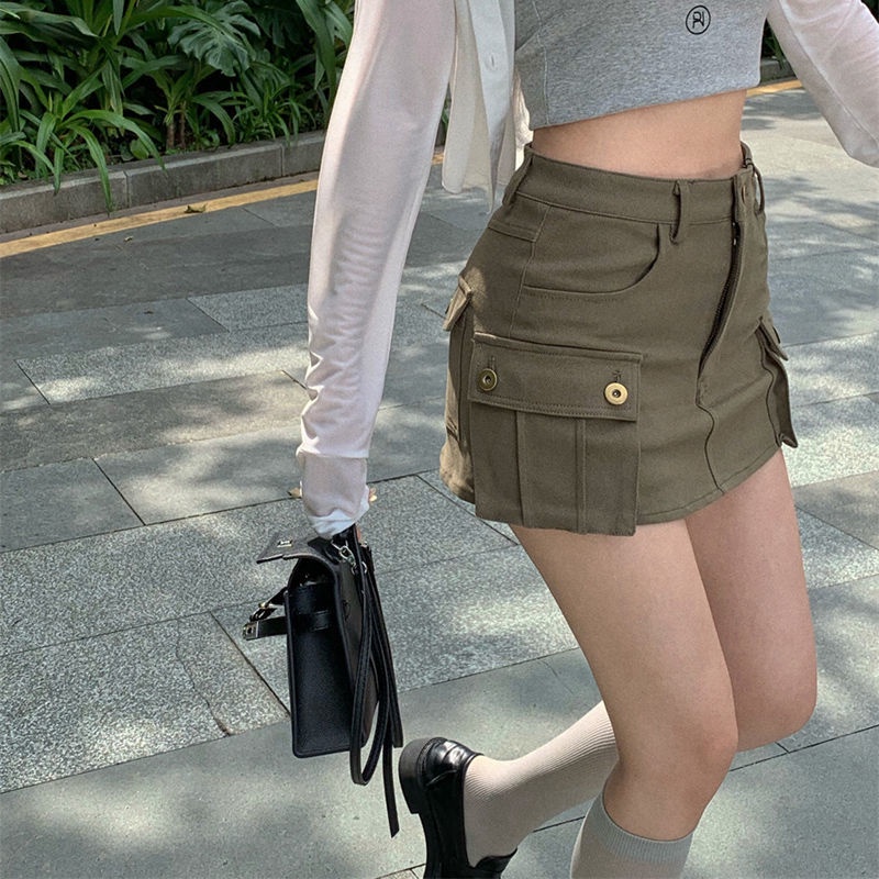 COZOKC Chân Váy Lưng Cao Phối Túi Phong Cách Retro Thời Trang