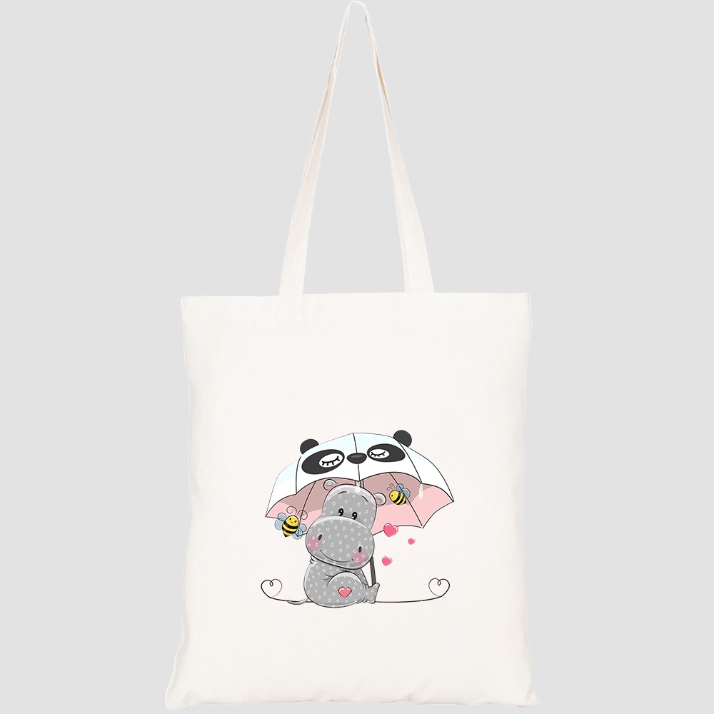 Túi vải tote canvas HTFashion in hình cute hippo two bee umbrella HT528