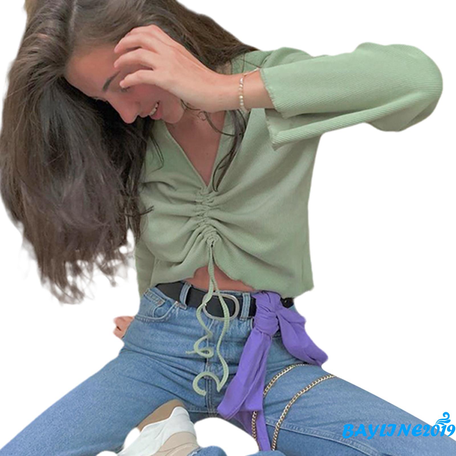 Áo crop top tay dài cổ chữ V thanh lịch màu trơn hợp thời trang có dây rút dành cho nữ | BigBuy360 - bigbuy360.vn