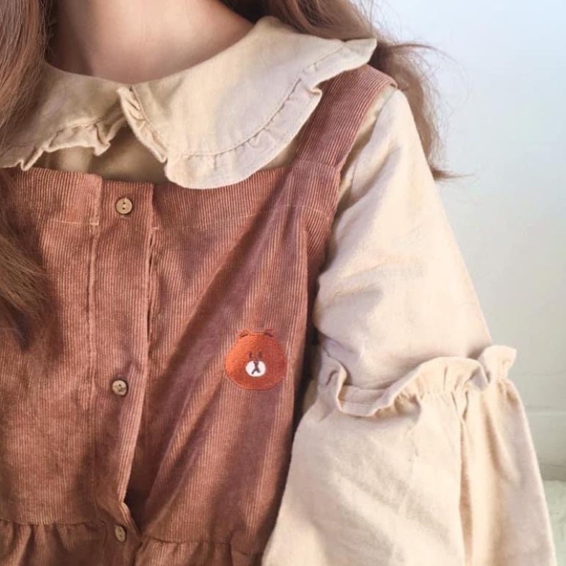 Set yếm babydoll nhung nâu kèm áo bèo ulzzang - Set váy babydoll kèm áo cổ bèo rời