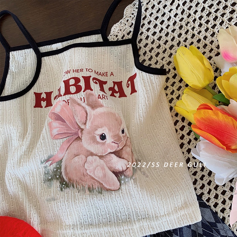 Áo Thun Hai Dây In Hình Thỏ Cho Bé Gái