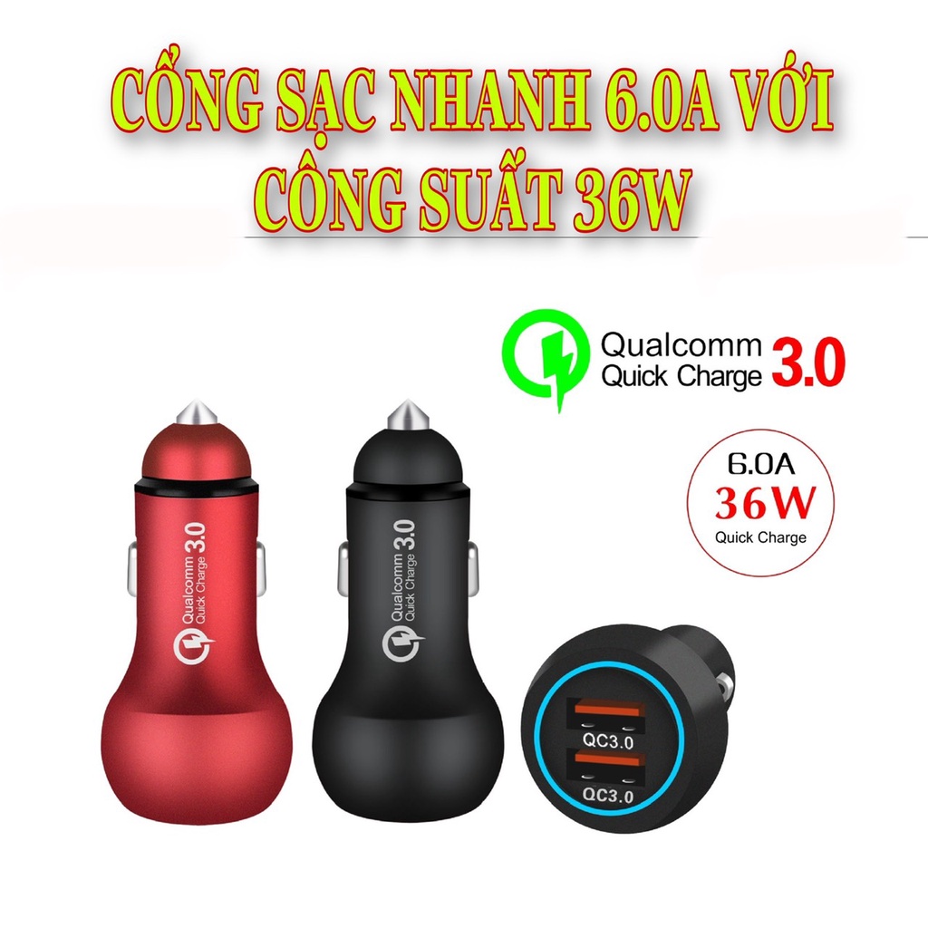 Tẩu sạc nhanh Pugan 6.0A công suất 36W kèm dây sạc USB 3 đầu cho các loại điện thoại dùng trên ô tô xe hơi