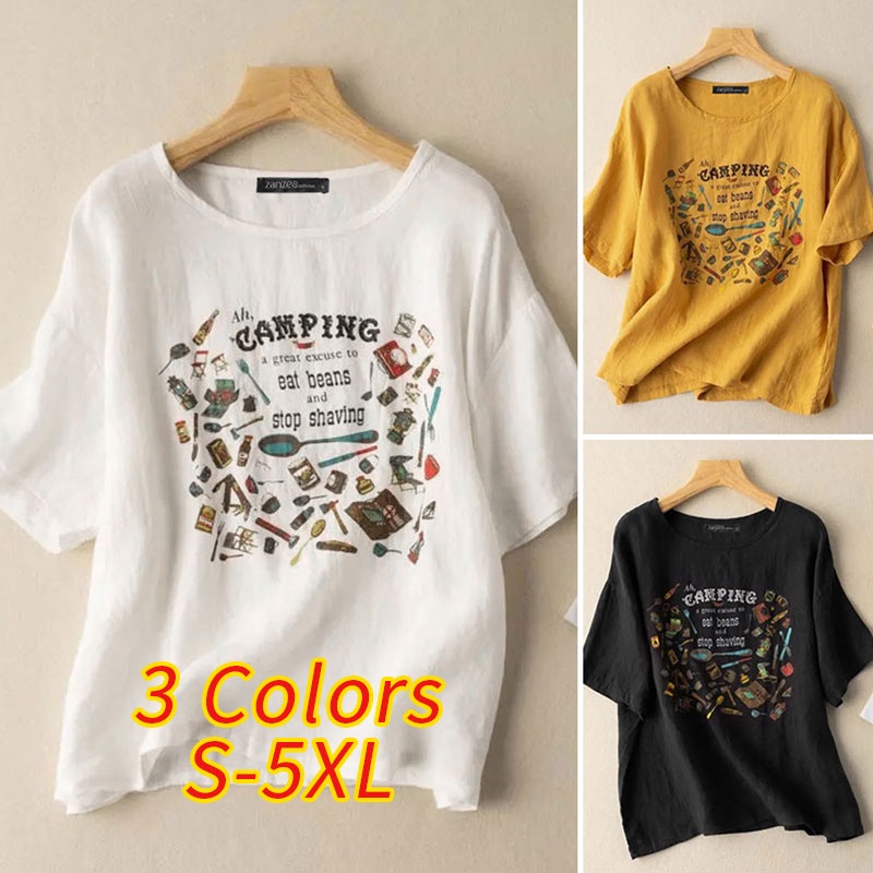 Áo thun cotton ZANZEA cổ tròn tay ngắn in họa tiết thời trang cho nữ