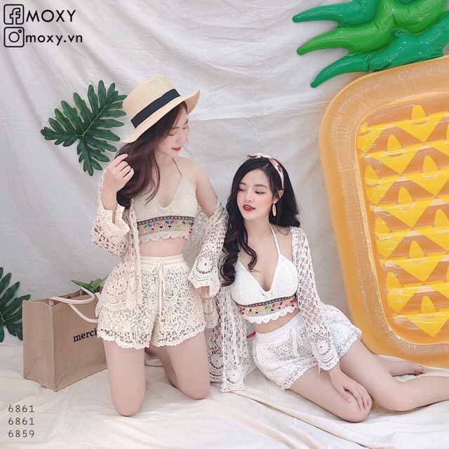 Set biển hot 2020 - set 3 món - bra mix ngọc + quần ren hoa hồng cạp rút + choàng ren hoa tay sóng điệu đà (có tách rời)