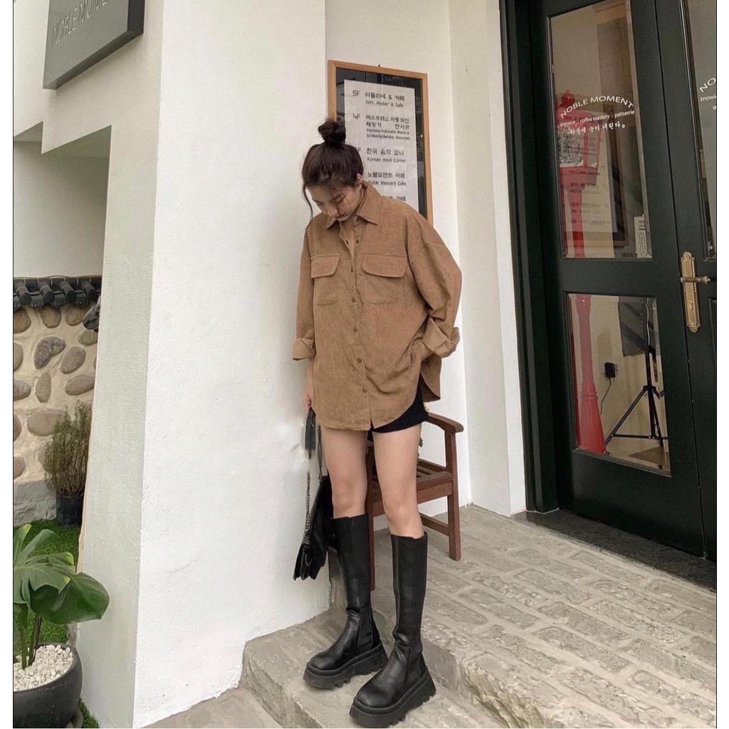 LOVI SHOP - Áo sơ mi nhung tăm 2 túi nắp form rộng oversize nhiều màu Lovi