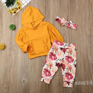 Mu♫-Newborn Toddler Baby Girl Kids Floral Autumn Clothes Hoodie Tops+Pants Headband Outfits Set Tracksuit