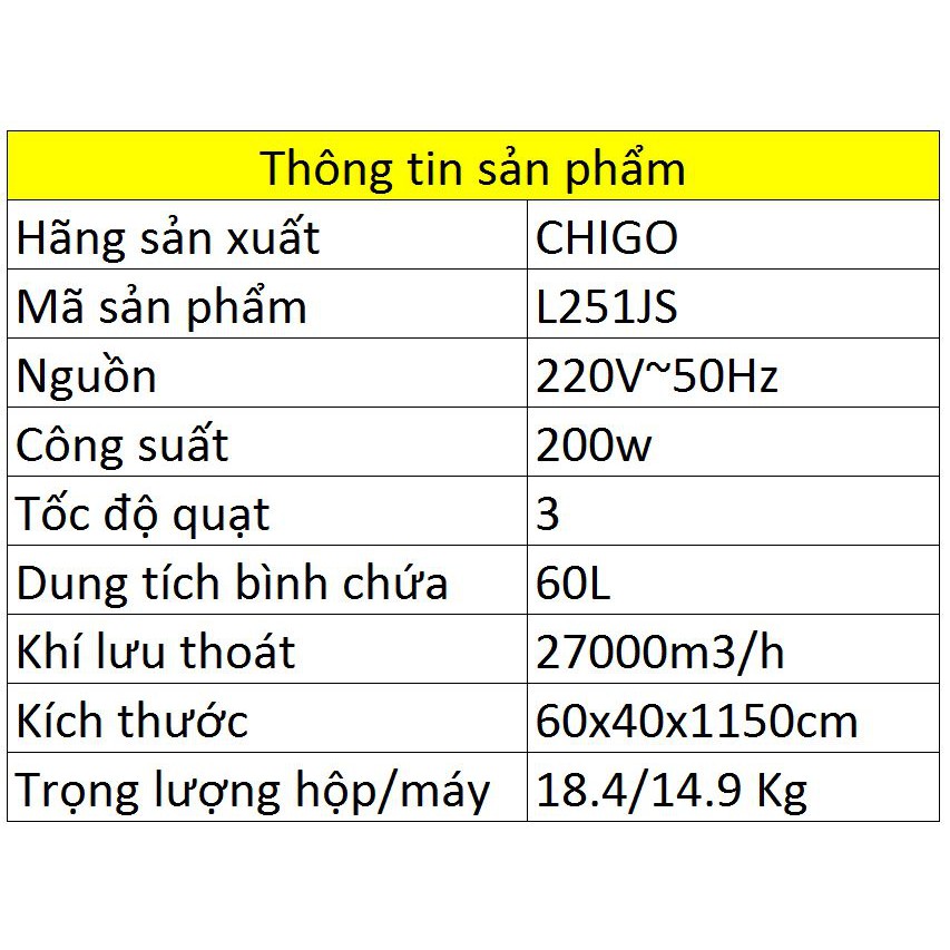 Quạt điều hòa, quạt đá Chigo cỡ lớn L251JS chứa 55L(+5L ở trên ngăn tiếp nước tổng 60L)