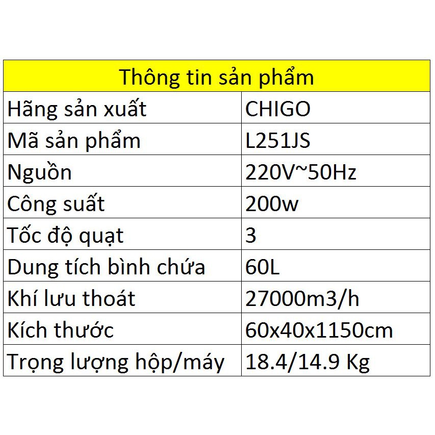 Quạ điều hòa Chigo cỡ lớn L251JS chứa 55L(+5L ở trên ngăn tiếp nước tổng 60L)