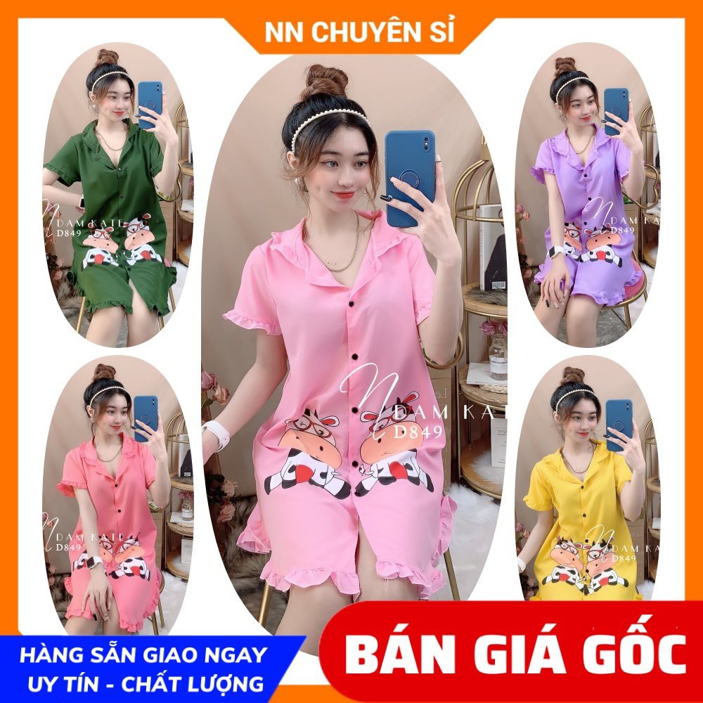 Đầm ngủ nữ phom 55kg Đầm kate in hình cực xinh D849 Ảnh thật Đầm ngủ nữ