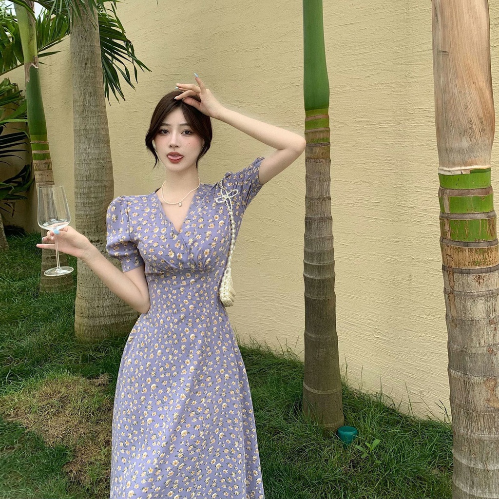 Đầm voan dài IELGY tay phồng in họa tiết hoa màu tím phong cách Pháp thời trang hè dành cho nữ