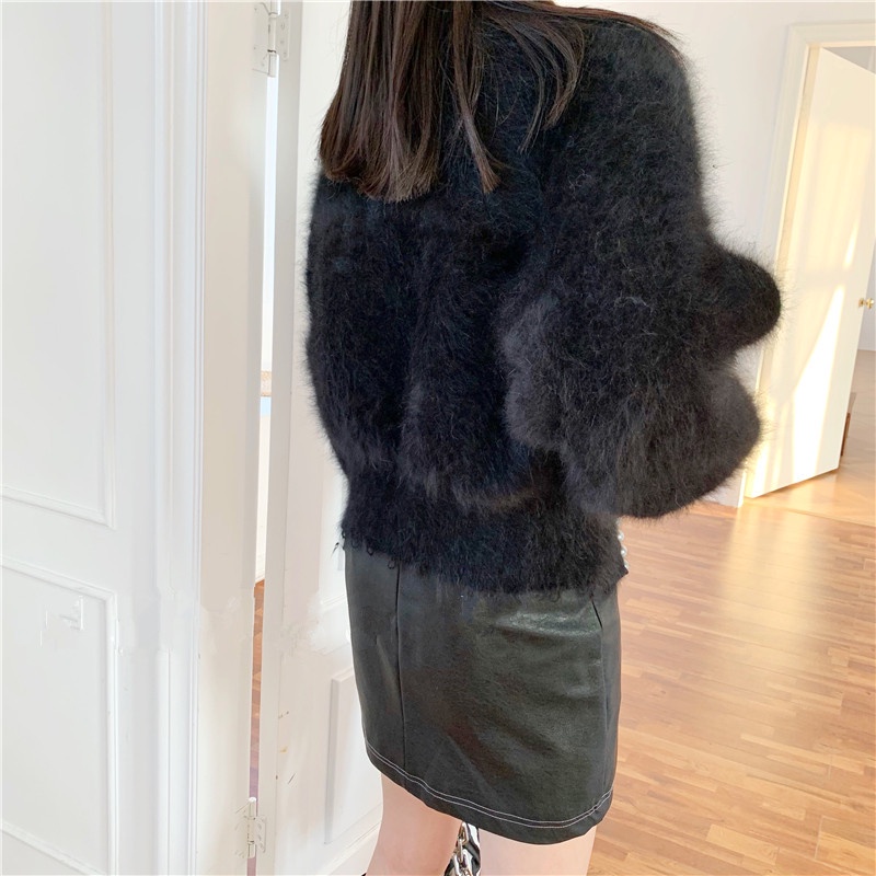 SẴN - KHOÁC LEN LÔNG CAO CẤP | Áo Khoác Cardigan Len Lông Cổ Tròn Đính Ngọc Tay Bồng  Dáng Ngắn Tiểu Thư Sang Chảnh