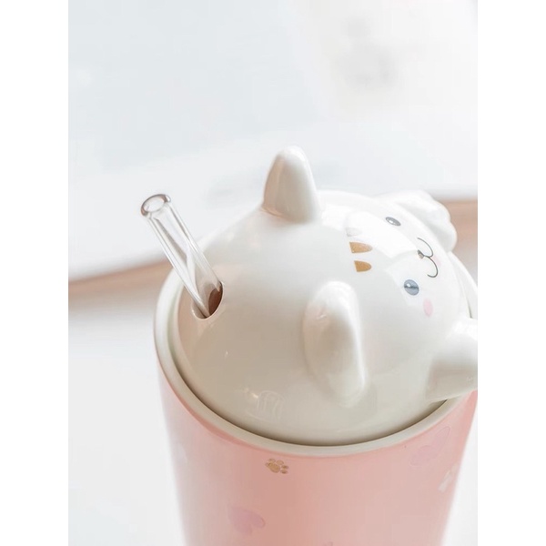 LY SỨ HÌNH CON MÈO KÈM ỐNG HÚT THUỶ TINH 480ml