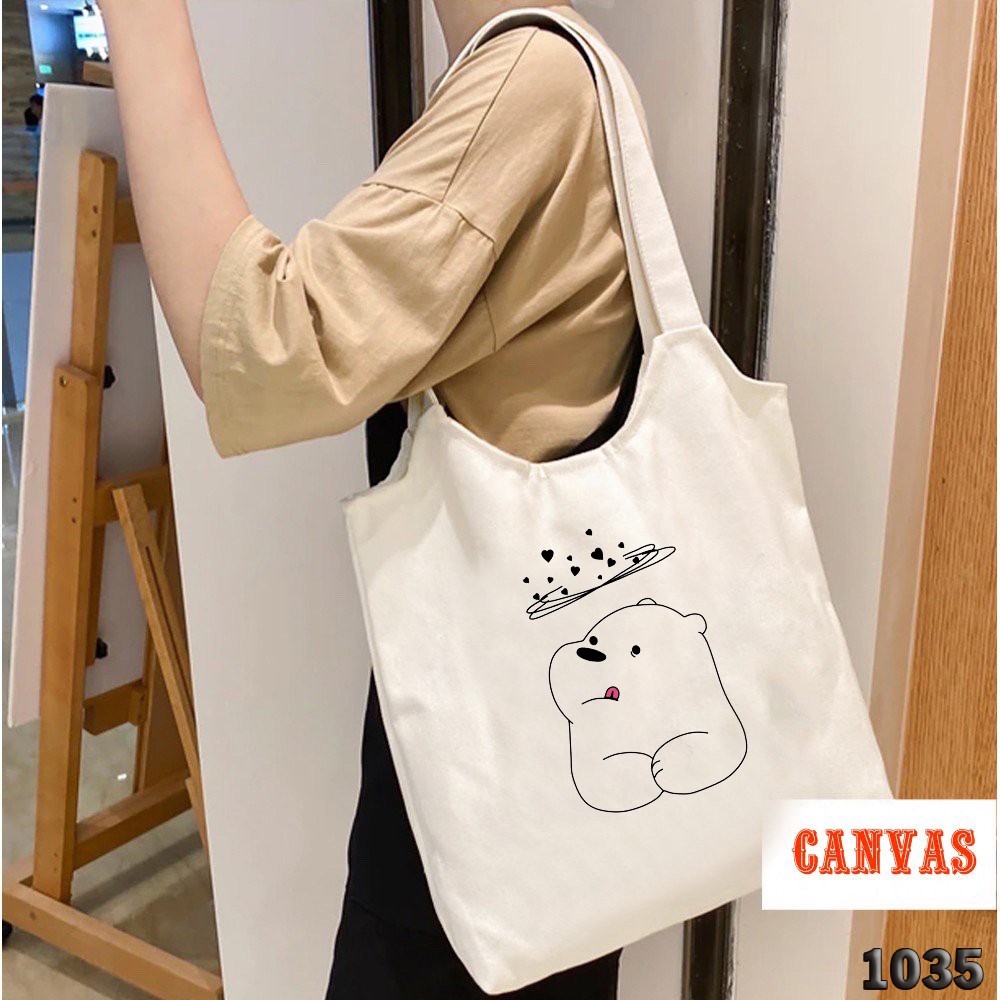 TÚI TOTE TRẮNG CHẤT VẢI CANVAS 1035 CHÚ GẤU TIM XOAY VÒNG DỄ THƯƠNG HÀNG CHUẨN ĐẸP