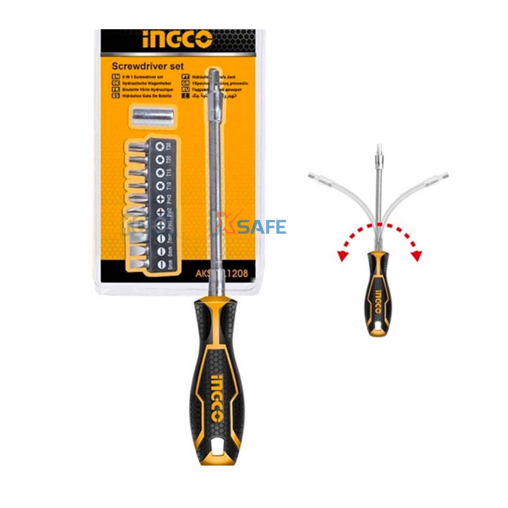 Bộ 12 tua vít thay đổi trục linh hoạt INGCO AKSDFL1208 thiết kế nhỏ gọn, trọng lượng nhẹ Bộ tuốc nơ vít đa năng