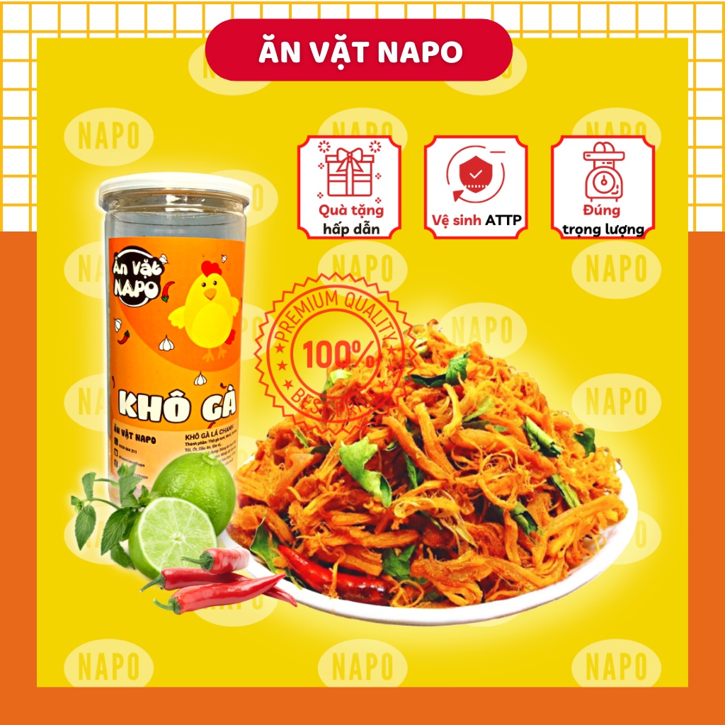 Khô gà lá chanh, khô gà cay ăn vặt NAPO hủ 300gr