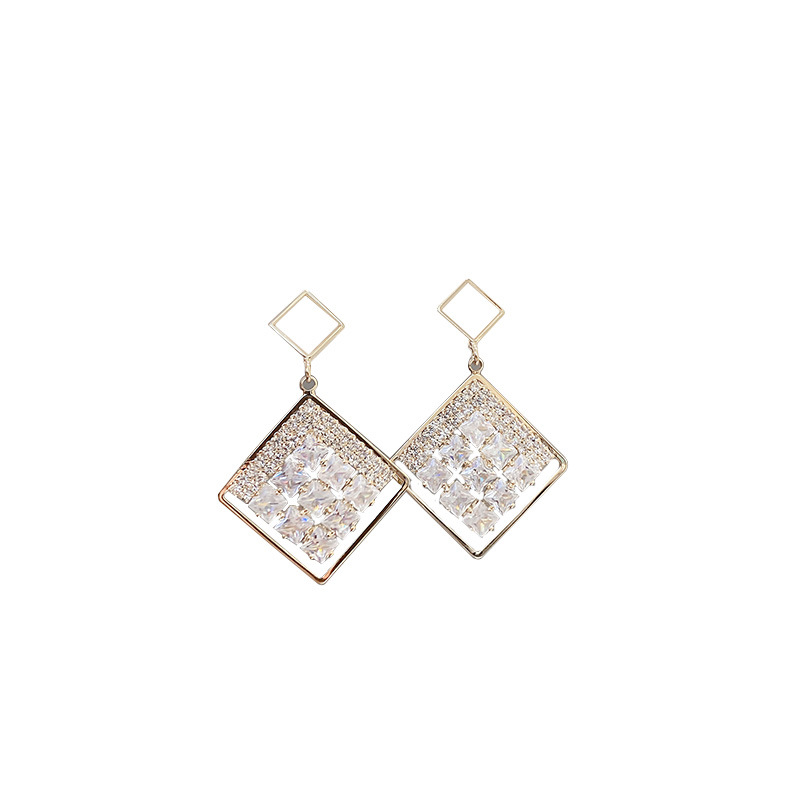 925 Metallic Silver Japan and Korea Creative Hong Kong Style Diamond-encrusted Square Lighting Luxury High Sense Earrings W9