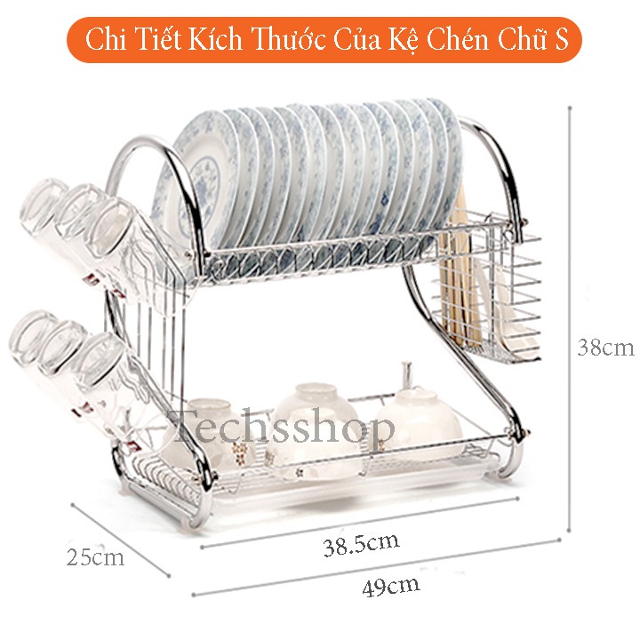 Kệ Úp Chén Ly Inox 2 Tầng Chữ S Có Khay Chứa Nước - Kệ Nhà Bếp Đựng Muỗng Đũa Thép Không Rỉ