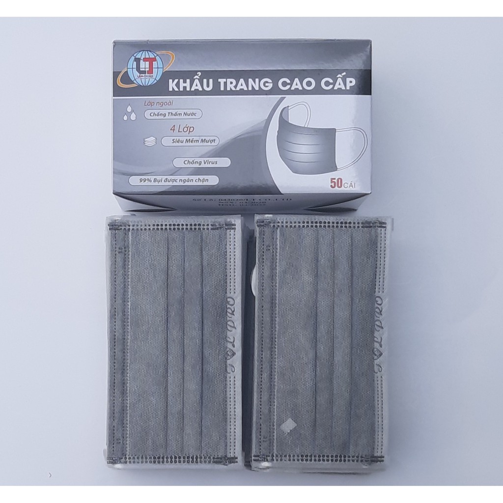 [100 cái] 2 hộp Khẩu trang y tế 4 lớp than hoạt tính kháng khuẩn (Màu xám đen - 50 cái/1 hộp )