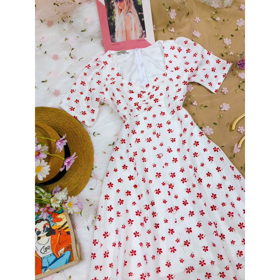 Đầm Hoa Nhí Vintage ❤️FREESHIP❤️ Dáng Xòe Tay Phồng Ngắn Xẻ Tà Nhún Ngực Đính Hạt Sang Chảnh