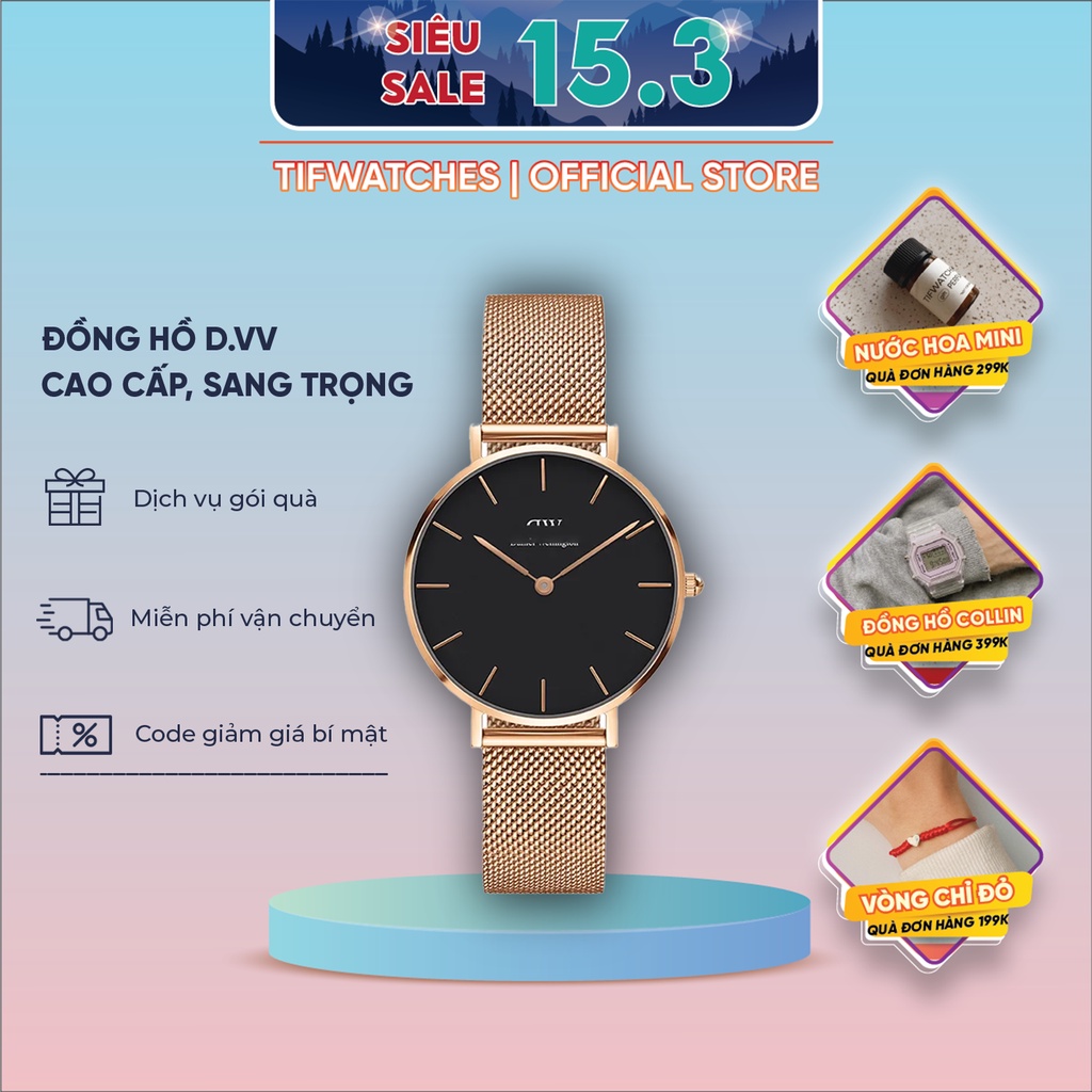 Đồng hồ nữ dây kim loại D.VV PETlTE rose mặt đen đồng hồ nữ đẹp cao cấp thon gọn Watchesbytif size 28mm & 32mm