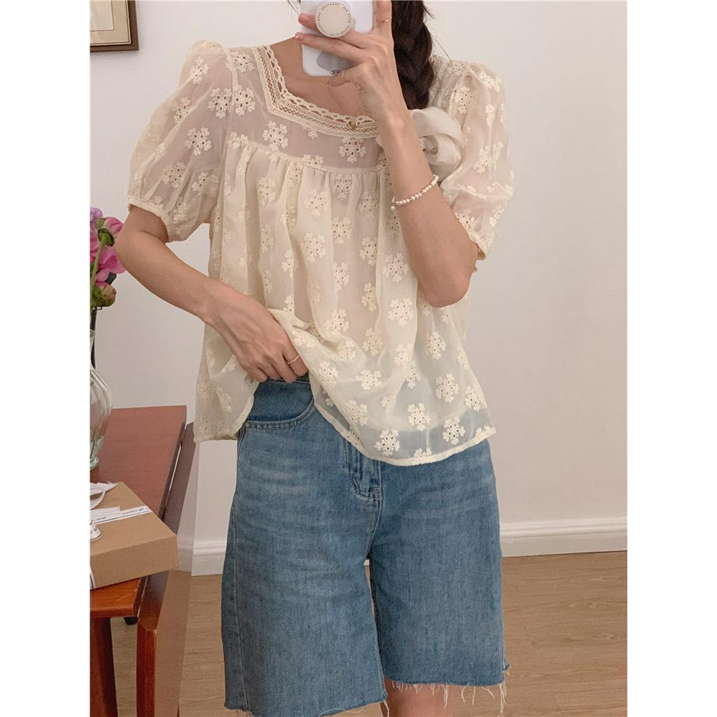 Áo Chiffon Cổ Vuông Tay Ngắn Phối Ren Thêu Họa Tiết Tinh Tế Phong Cách Hàn Quốc Thời Trang Mới 52705