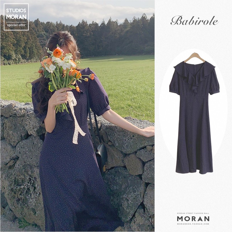 (ORDER) Váy MORAN chấm bi cổ V phối viền bèo điệu đà thắt nơ eo xòe dài vintage Hàn Quốc - HÀNG MỚI VỀ