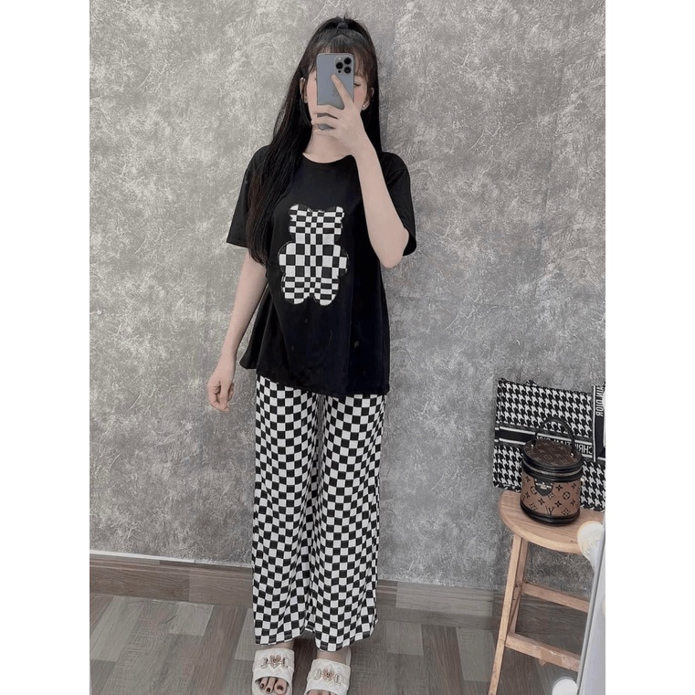 SÉT BỘ NỮ QUẦN DÀI ỐNG RỘNG CARO CHÚ GẤU NHIỀU MÀU SIU HOT MMF