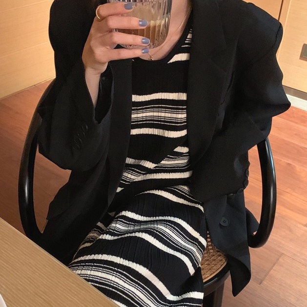 Đầm dệt kim ZHELIHANGFEI sát nách cổ tròn họa tiết sọc ngang thời trang trẻ trung cá tính cho nữ