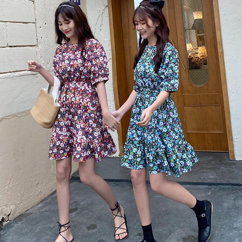 Đầm Tay Ngắn Hoạ Tiết Hoa Thiết Kế Cổ Tròn Thanh Lịch Dành Cho Nữ