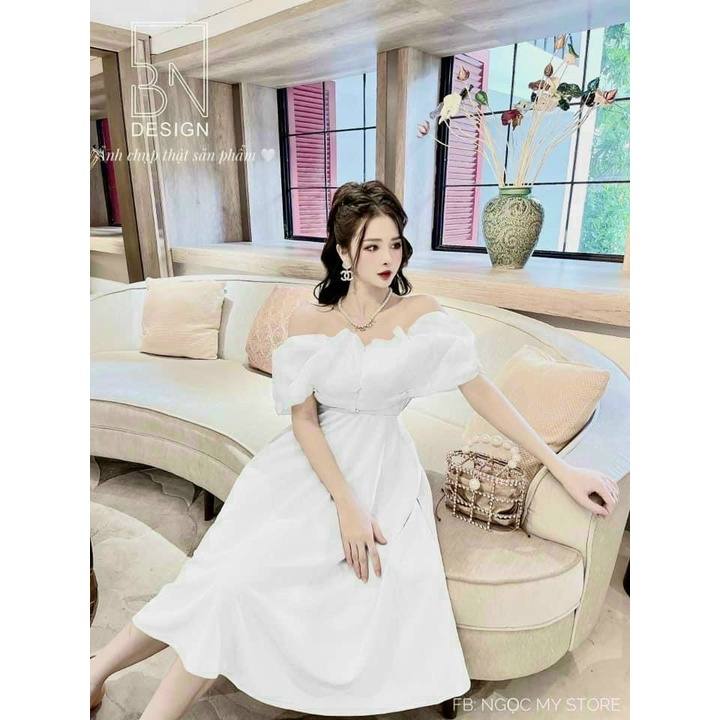 (Ưu Đãi freeship)Đầm thiết kế đi tiệc trễ vai bồng bềnh,dáng xòe chất umi cao cấp có mút ngực