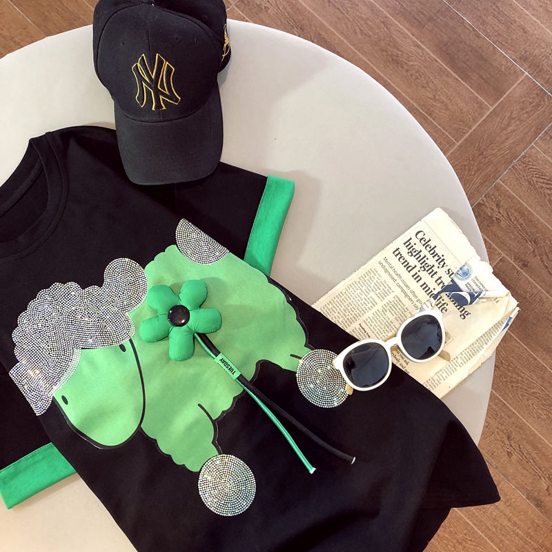 Áo Thun Tay Ngắn Đính Đá Họa Tiết Hoạt Hình Thời Trang Mùa Hè Cho Nữ