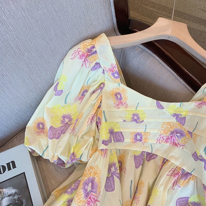 Áo Kiểu Tay Phồng Cổ Vuông In Họa Tiết Hoa Mẫu Mới Thời Trang Mùa Hè Cho Nữ