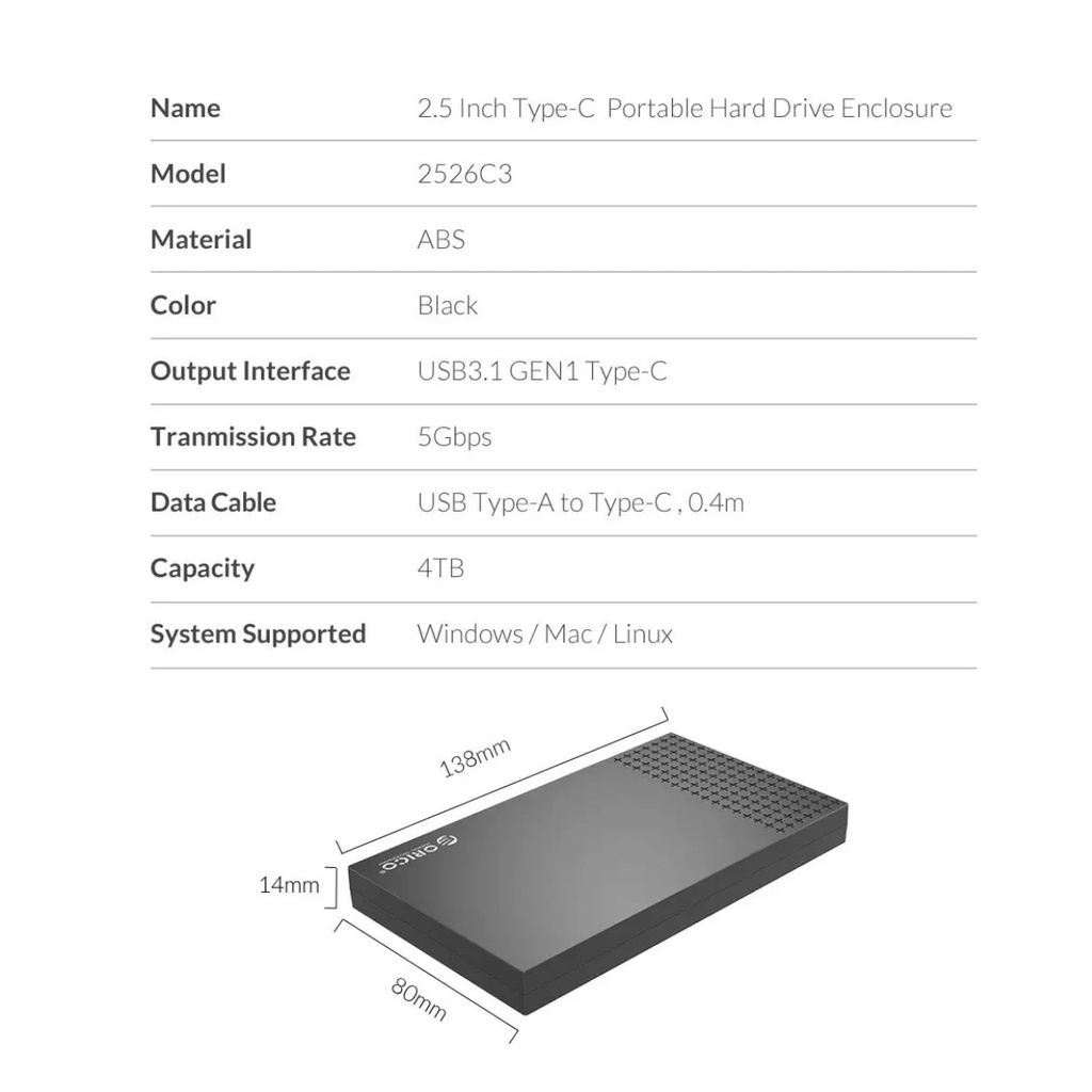 Hộp đựng Ổ Cứng HDD, SSD 2.5in ORICO 2526C3  USB 3.0 Type C