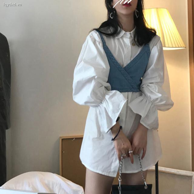 Set Áo Sơ Mi Dài Tay Và Đầm Yếm Jeans Phong Cách Hàn Quốc Dành Cho Nữ
