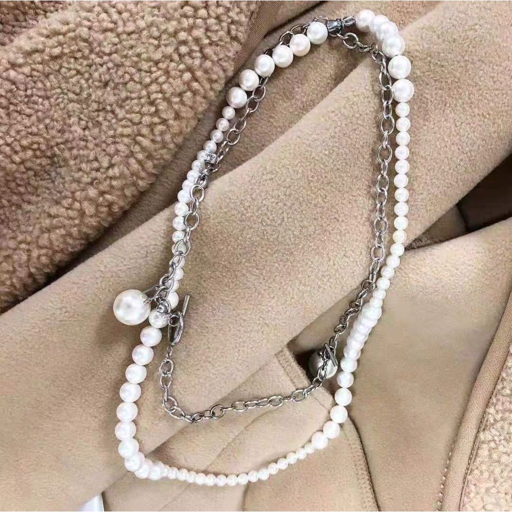 Vòng cổ nhiều lớp kết hạt ngọc trai giả phong cách Hàn Quốc
