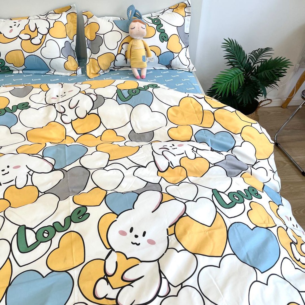 Bộ chăn ga gối phong cách Hàn Quốc - Mèo trái tim ( không kèm ruột )