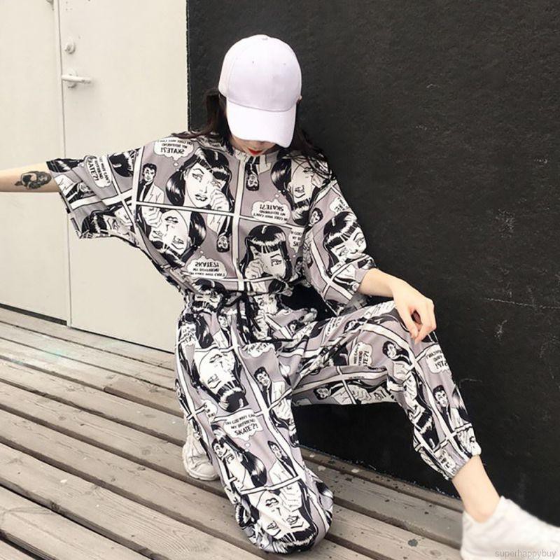 Set quần dài và áo thun tay dài phong cách Hip Hop thời trang cho nữ