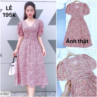 Bán sỉ Đầm váy hoa nhí hồng đính cúc cổ V thiết kế