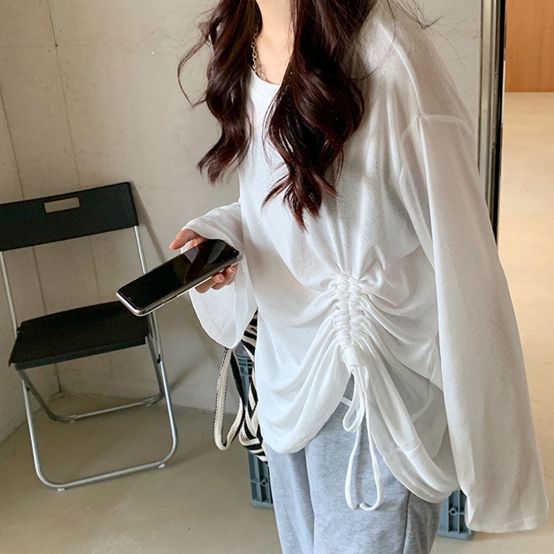 Áo Thun Tay Dài Dáng Rộng Vải Mỏng Phối Dây Rút Thoáng Khí Thời Trang Cho Nữ