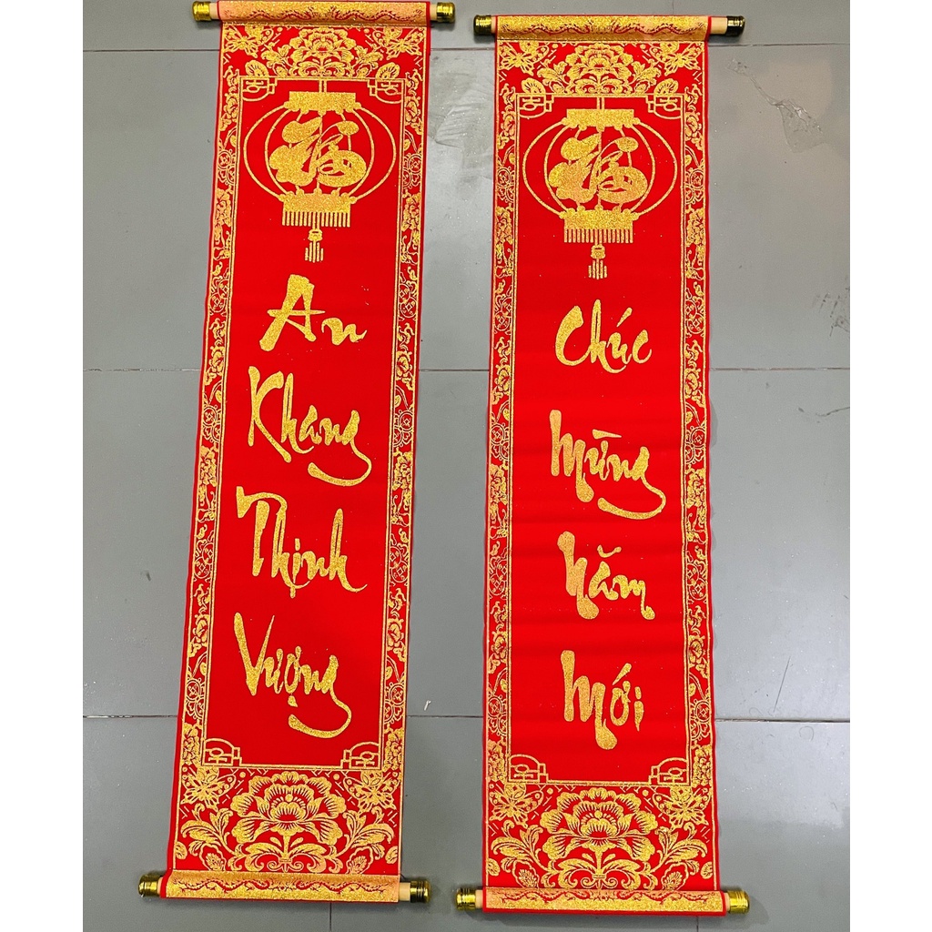 1 đôi câu đối đỏ, liễng trang trí tết 30x100cm in chữ Việt Nam làm từ vải nhung đẹp