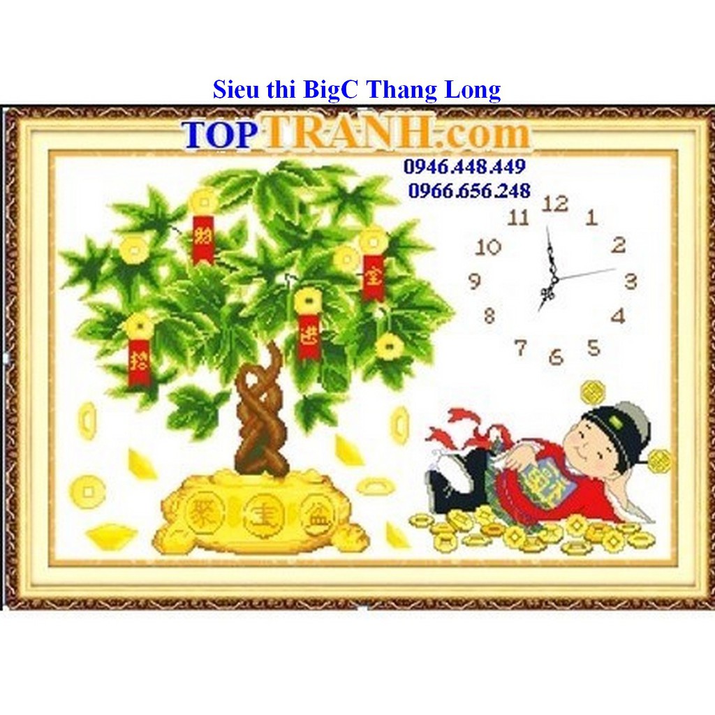 tranh thêu chữ thập đồng hồ ông thần tài và cây kim tiền vàng A1112 ( 70x48 cm, chưa thêu)