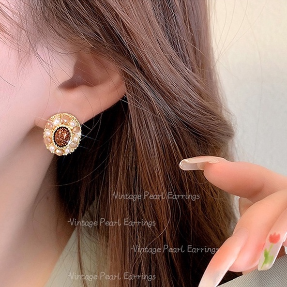 Khuyên Tai Đính Đá Ngọc Trai Nhân Tạo Phong Cách Vintage Thời Trang Hàn Quốc 2023