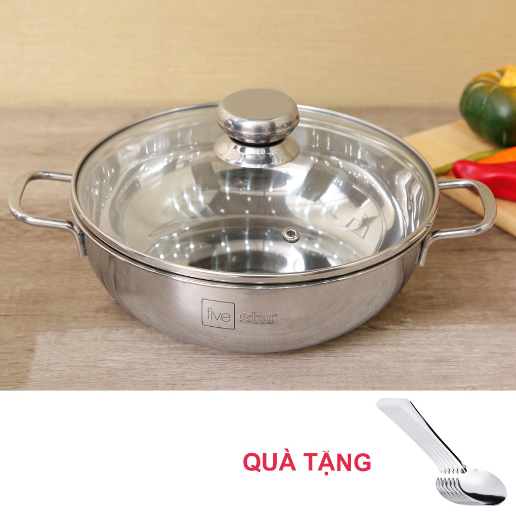 Nồi lẩu inox um xào 3 đáy Fivestar Standard inox 430 bếp từ nắp kính (24cm/26cm/28cm)- tặng 5 muỗng ăn