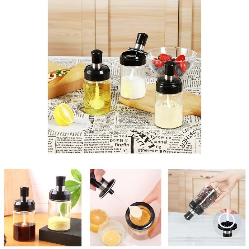Hũ đựng gia vị đẹp có kèm thìa - Lọ thủy tinh đựng gia vị kèm muỗng dung tích 250ML tiện lợi