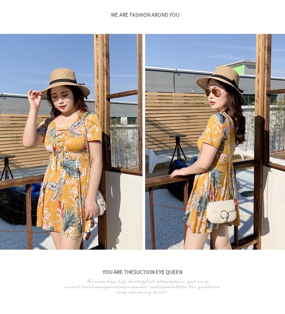 Bikini áo tắm bộ bơi big size liền thân cho người mập béo hoạ tiết màu vàng siêu tôn da từ 60-80kg | BigBuy360 - bigbuy360.vn