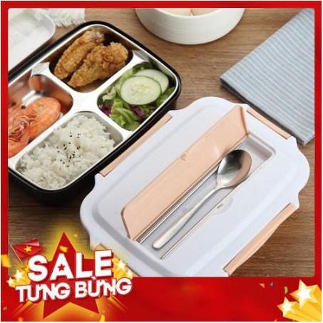 [SALE SẬP SÀN] HỘP ĐỰNG CƠM VĂN PHÒNG GIỮ NHIỆT 4 NGĂN INOX 304 TẶNG ĐŨA THÌA INOX