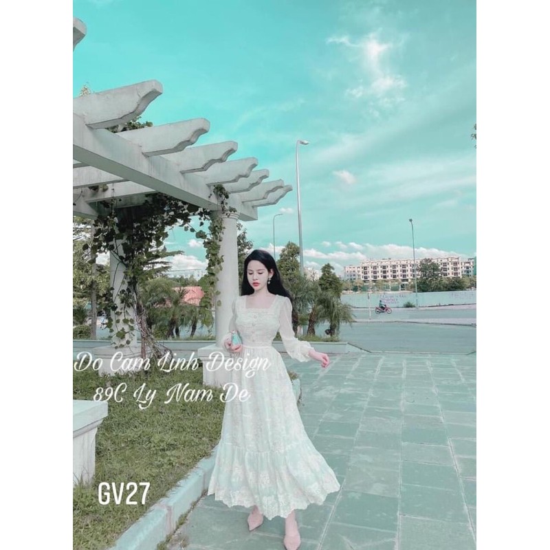 đầm maxi ren nude cổ U nút đồng-dài 130cm