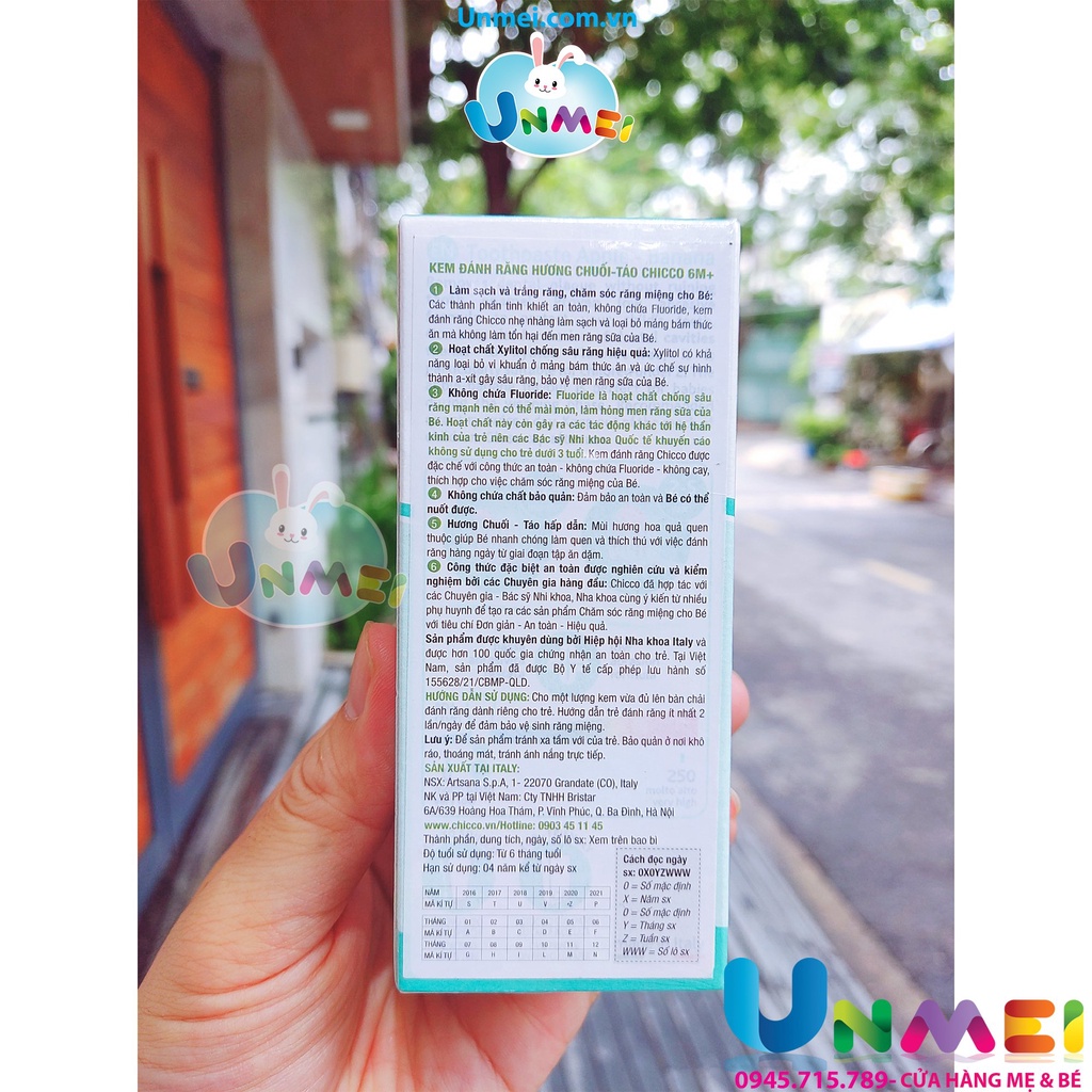Kem Đánh Răng cho Bé Chicco, Nuốt Được, Không Fluoride, Chai Lớn 50ml, Dâu ,Chuối táo ,Hàng Italy